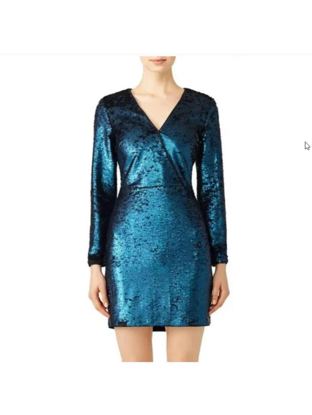 Adelyn Rae Flip Sequin Wrap Dress Teal Blue Open Back XS Party Mini Dress